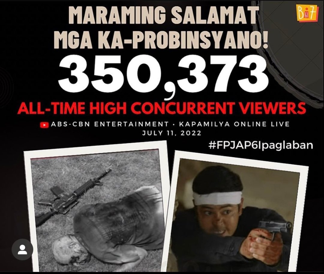RECORD BREAKING: FPJ's Ang Probinsyano reached more than 350,000 concurrent views on Youtube.

#FPJAP6Ipaglaban