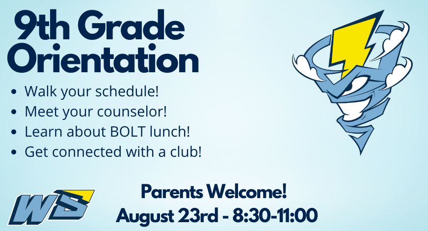 WillowSpringHS's tweet photo. We are excited to welcome our next wave of students to the Storm! Join us on August 23rd for our 9th grade orientation! Parents welcome! #WeWill https://t.co/NiOhnUTrwe