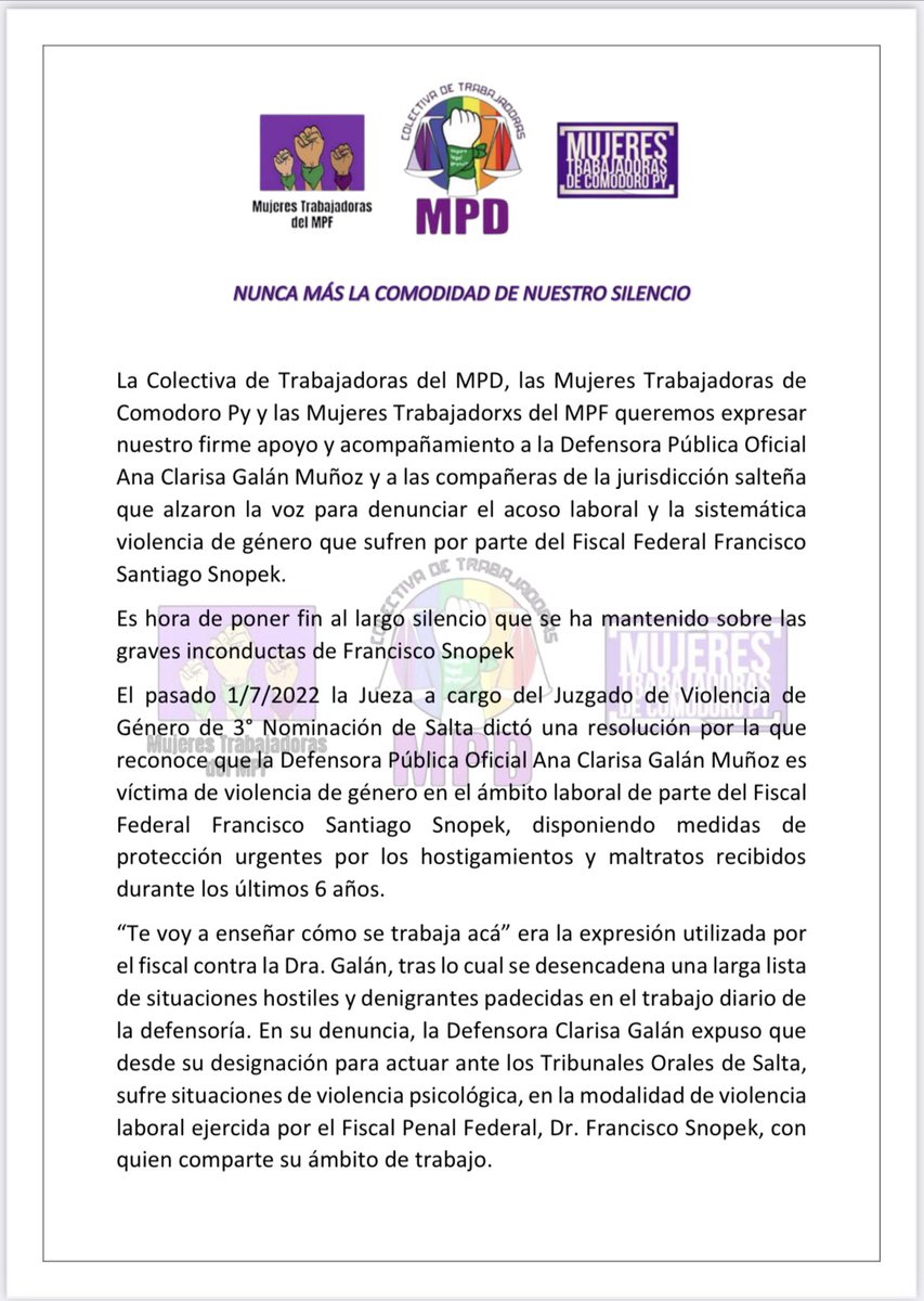 DeColectiva's tweet photo. #NoNosCallamosMas #JusticiaLibreDeViolencia #JusticiaSalteñaEnLaMira #NoAlAcosoLaboralenSalta
#EncubrirEsViolencia https://t.co/KmgF0b3CiH