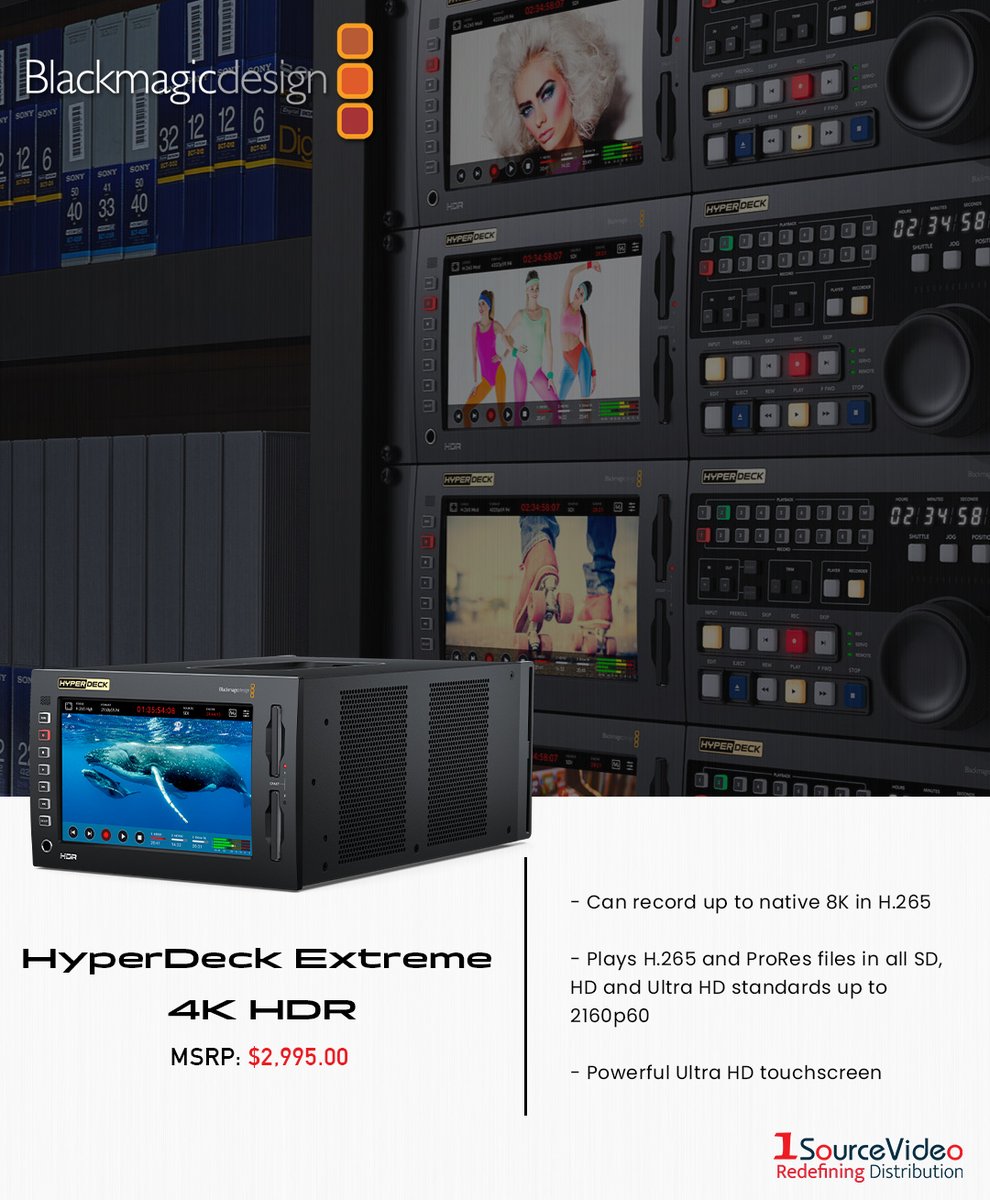 1sourcevideo's tweet photo. The HyperDeck Extreme 4K HDR from @Blackmagic_News features the trusted reliability of HyperDeck combined with new innovations!
#BlackmagicDesign #1SourceVideo #Hyperdeck #HyperdeckExtreme4KHDR #8K #shotselection #filming #filmmaking #SSD #filmequipment #RedefiningDistribution https://t.co/LieI0HsuTt
