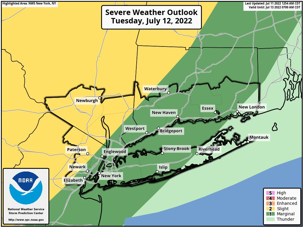 NWSNewYorkNY's tweet photo. SPC has northwest parts of our area in a slight risk for severe thunderstorms tomorrow PM. Much of the rest of the area is in a marginal risk. The primary threat with any storms is damaging winds and heavy rain, but hail and a stray tornado can't be ruled out. #NYwx #CTwx #NJwx https://t.co/6HlPRt4KHI