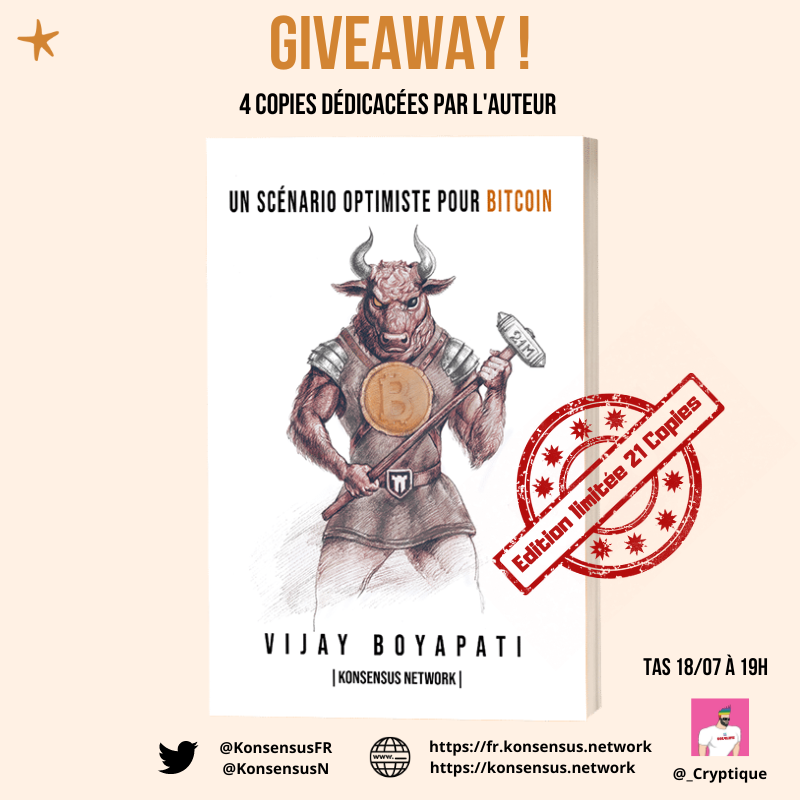 [🎁 #GIVEAWAY 🎁]

Vous souhaitez mettre à profit cette période morose ? Commencez par comprendre la base : Bitcoin.

Pour cela, je vous propose de gagner 4 copies dédicacées du livre "Un scénario optimiste pour Bitcoin" 📚

Pour participer :
✅ RT/Like
✅ Follow <a href="/KonsensusFR/">Konsensus Network 📚</a>

👇
