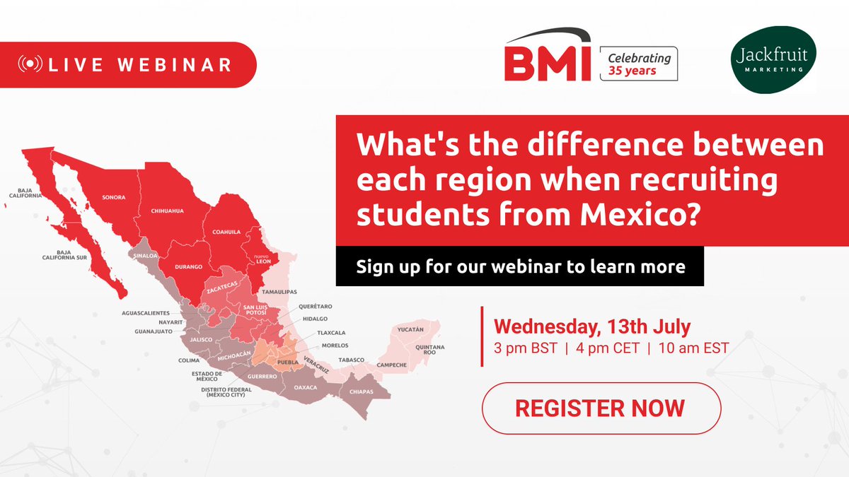 What's the difference between the North, Pacific coast, and Yucatan Peninsula when recruiting from Mexico? 
Register for our webinar to find out! 
📅13 July
⏱️3pm BST / 4pm CET/ 10 am EST

Register now: bit.ly/3xA6cod

#unis #globaled  #intled