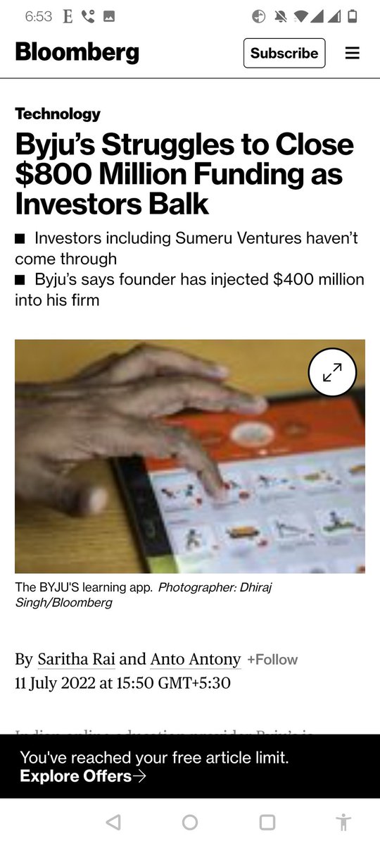 malpani's tweet photo. Mainstream media like #Bloomberg is picking up stories broken by #TheMorningContext about #Byju's and then adding a positive spin to it !
I wonder where Byju's raised his 400 million dollars from , don't you ? Why didn't the reporter ask ? https://t.co/vCmex6pI3J