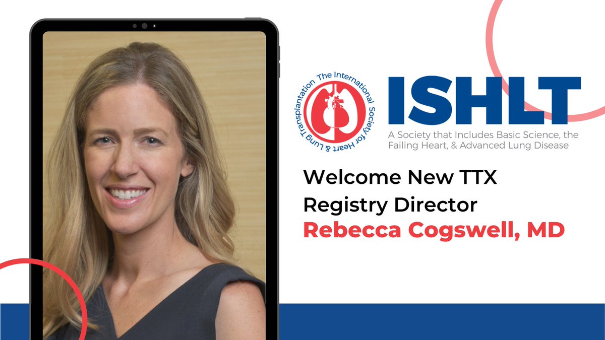 #ISHLT announces Rebecca Cogswell, MD, as incoming Medical Director of the International Thoracic Organ Transplant Registry. Join us in welcoming @rcogswell_umn to the role, and thanking @JosefStehlik for eleven years of dedicated service to the #TTXRegistry.