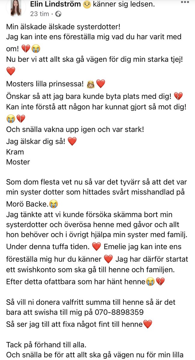 Dykaren21's tweet image. Skellefteå💔

Stödet från regeringen uteblev när det visade sig vara en 9-årig svensk flicka som hittats medvetslös efter att hon våldtagits &amp;amp; strypts av en storväxt afrikan som sökte sig hit under flyktinghaveriet 2015. Vill Ni stödja familjen så swisha en slant till 070-8898359