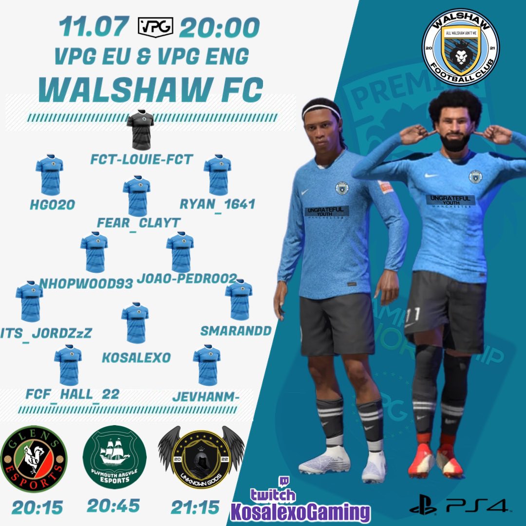 Tonight’s line up and fixtures in <a href="/VPGUK/">VPG United Kingdom</a> <a href="/VPGEurope/">Virtual Pro Gaming | Europe</a> 

Tune in to :KOSALEXOGAMING - via twitch at 8:15 GMT 

All Walshaw ain’t we! 🙌🏻🔵⚪️