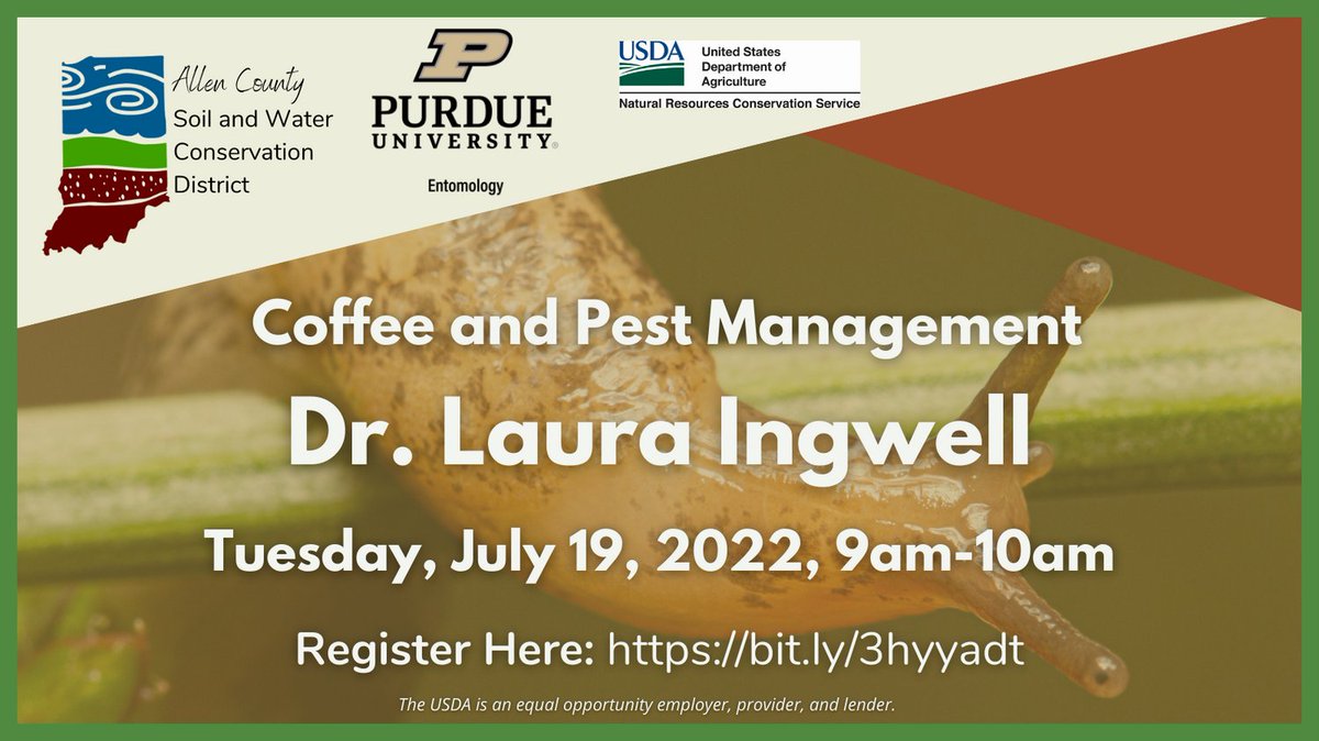 AllenSwcd's tweet image. Coffee and Pest Management is next Tuesday, July 19 from 9am-10am. Learn from Dr. Laura Ingwell, the Assistant Professor in Horticulture Entomology, various insect pests and how to manage them.
us02web.zoom.us/meeting/regist…

#pests #purdue #neverstoplearning #garden #farm #smallfarm