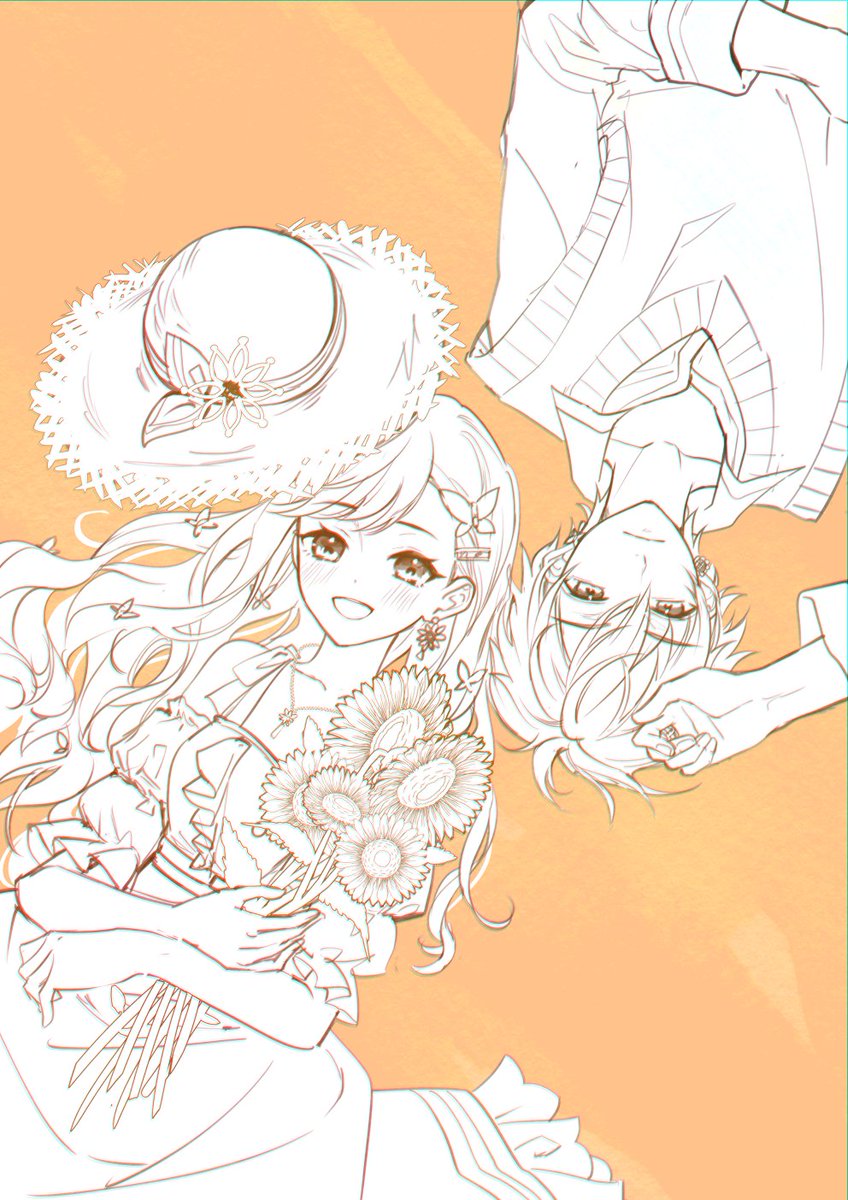 1girl hat sunflower flower 1boy holding flower orange background  illustration images