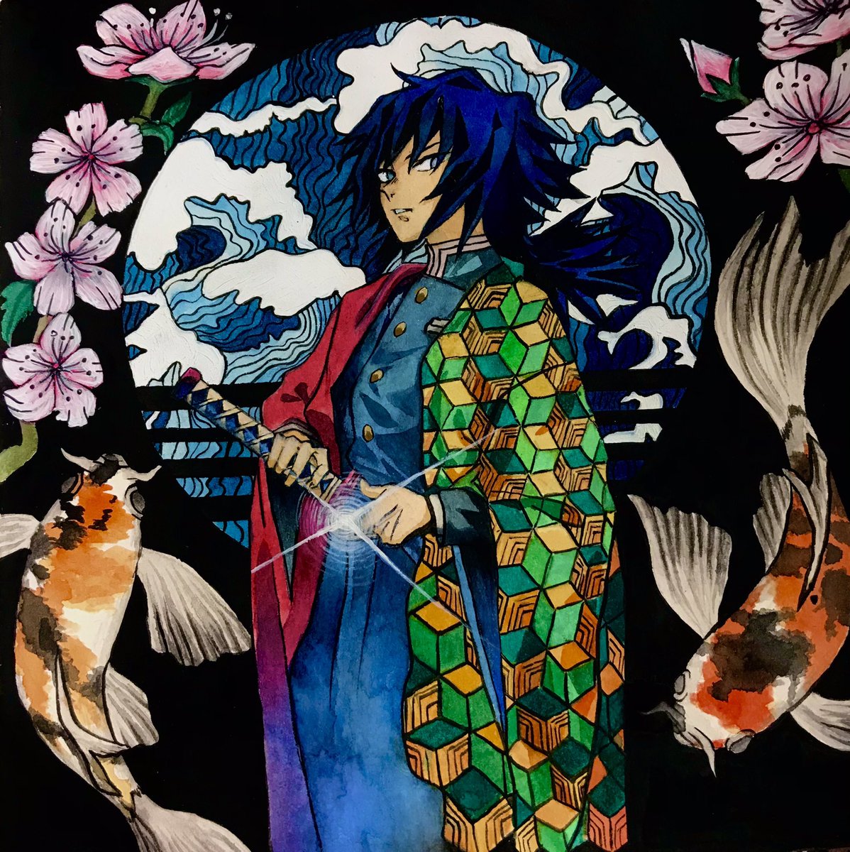 pumpkins_fren's tweet photo. Hi, this is Tomioka Giyu) my first drawing using this much watercolors  and some acrylics for a little touch. He is my favorite man in Kimetsu no Yaiba. Thanks, bye.
#kimetsunoyaiba #DemonSlayer #tomiokagiyuu #tomioka #ArtistOnTwitter #art #fanart #watercolorpainting #Koi https://t.co/yTnjnSMaYY