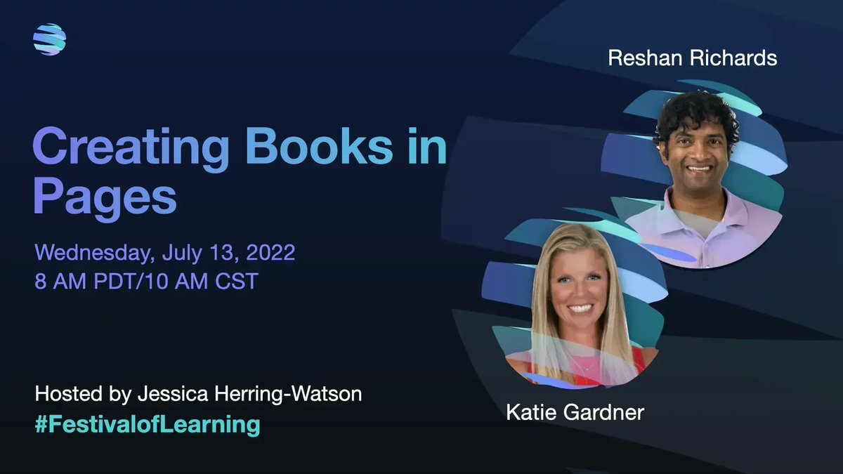 #FestivalofLearning is here! Hope you'll join us on Wednesday, 7/13 at 8 am PDT to learn from <a href="/gardnerkb1/">Katie Gardner, NBCT</a> &amp; <a href="/reshanrichards/">Reshan Richards</a> about creating books in #Pages -- So excited for this conversation! Register to attend this free session here: buff.ly/3P9mdZu #AppleEDUchat