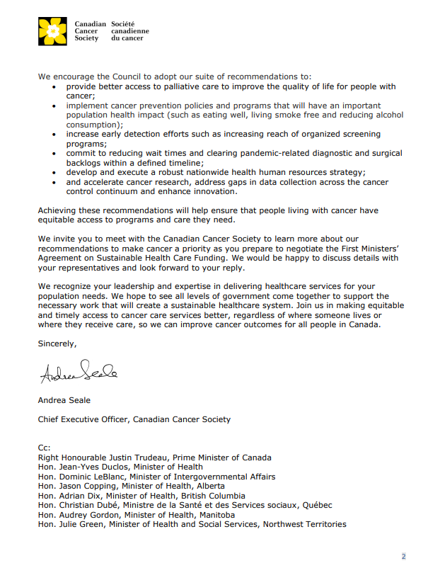 cancersociety's tweet photo. Today, CEO @andreaSeale sent an open letter to @jjhorgan, chair of the Council of the Federation. We're calling on the premiers to make cancer a priority as they discuss the future of Canada’s healthcare system. https://t.co/ZnQ6gqNvYW