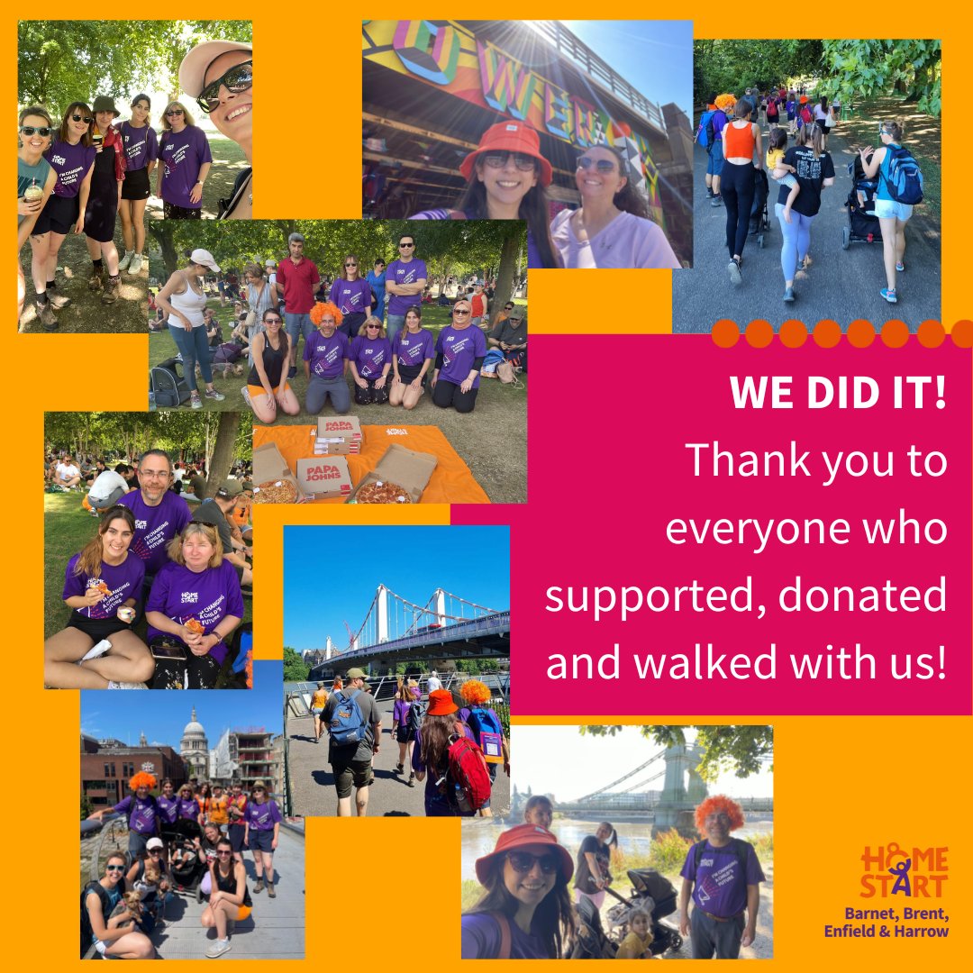 HomeStartBarnet's tweet photo. 🧡💜WE DID IT!💜🧡 Thank you to the staff, volunteers, supporters and families that participated in the #HSB25walk yesterday! We had such a great time and have nearly smashed our fundraising target. Can you help us get there by the end of the week? Donate: https://t.co/aeZFskchwF https://t.co/A31gbDIaCM
