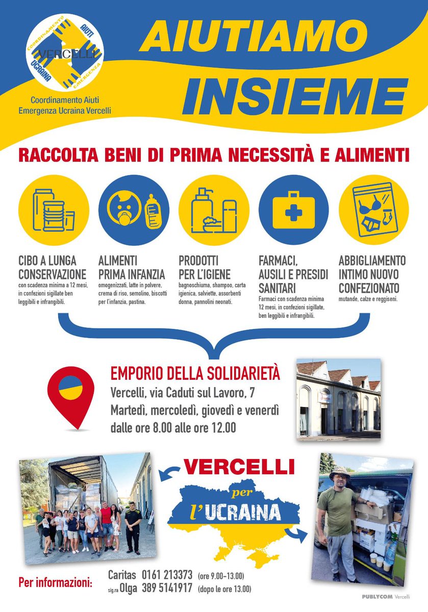 CaritasVercelli's tweet photo. Prosegue l'aiuto della comunità vercellese nei confronti della popolazione #ucraina. 🫂🛍️

Presso l'Emporio della Solidarietà di Via Caduti sul Lavoro 7 a #Vercelli si raccolgono beni di prima necessità e alimenti.

#caritaseusebiana https://t.co/xzckAvTQ6o