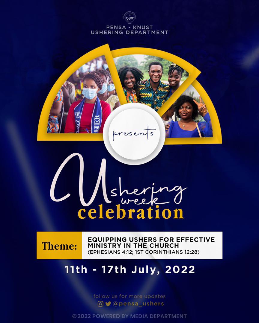 pensa_ushers's tweet photo. Yayyyyyyy!!!!🎊🎉 

USHERING WEEK CELEBRATION starts todayyyyyy‼️‼️🎉

The theme for the week celebration is Equipping Ushers For Effective Ministry in the Church.

Stay tuned for exciting activities this week. 

#UsheringWeek
#EquippingUshersForEffectiveMinistryintheChurch https://t.co/Cx8gAhOFtO