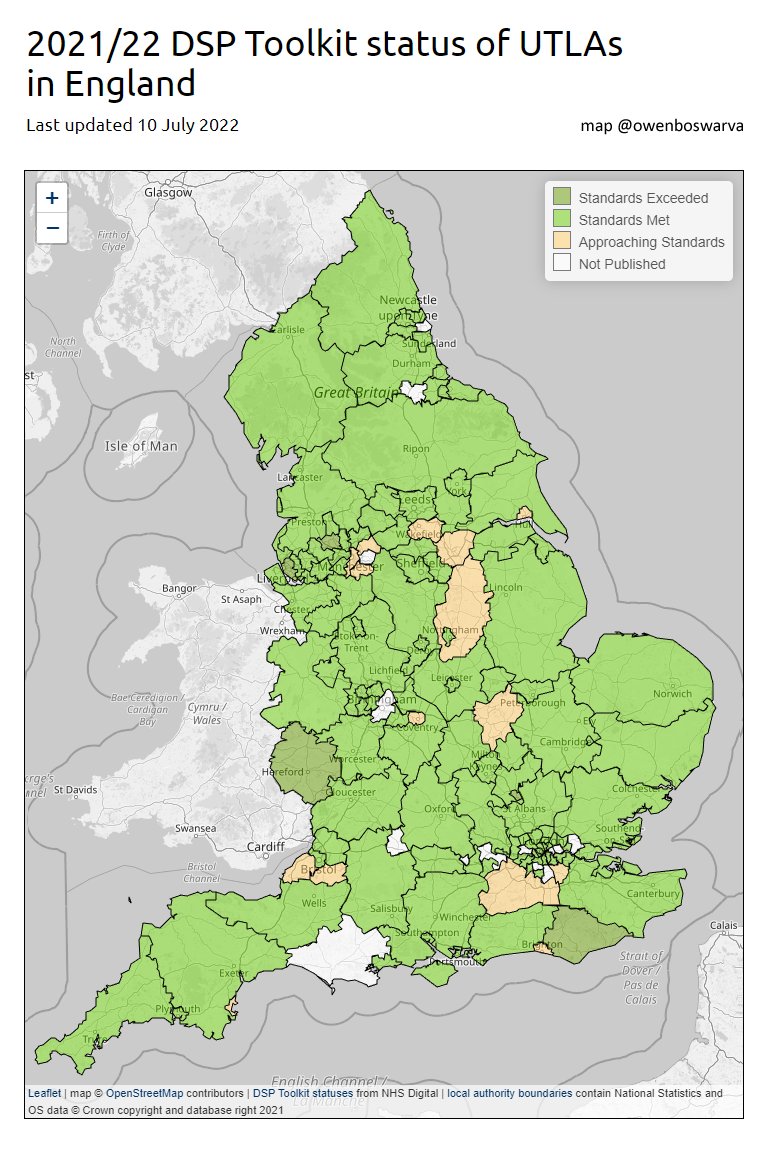 owenboswarva's tweet photo. How many upper-tier local authorities in England have met the standards in NHS Digital's Data Security and Protection Toolkit, based on self-assessments for 2021/22?
Most, but not all. Map: https://t.co/dz46GxAMfI #DSPToolkit #localgov #opendata #datasecurity #dataprotection https://t.co/5o0uA33OYf