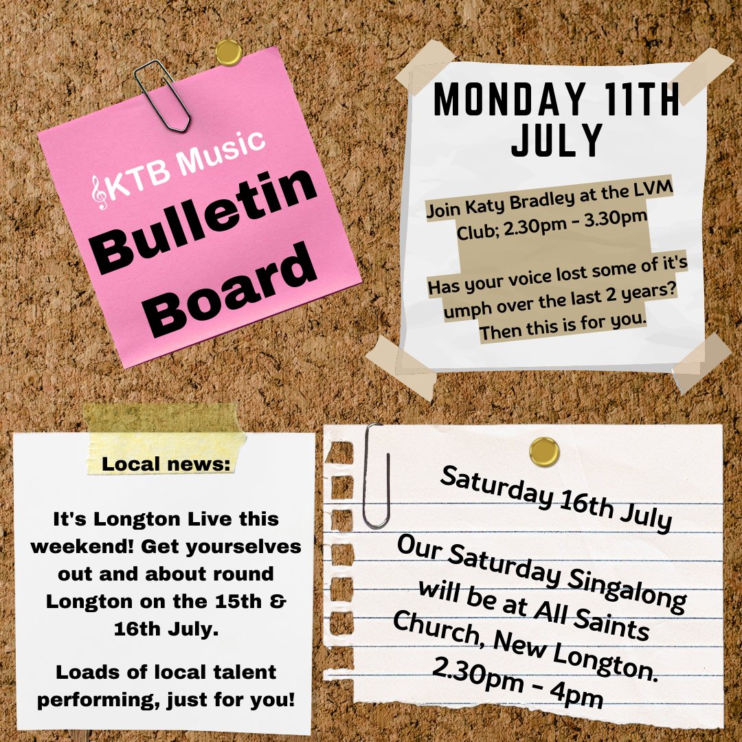 Check out what's happening this week! Enjoy the weather and remember to drink lots of lovely water. More details are on our website; ktbmusic.com/events 

#events #ktbmusicevents #whatsonlancashire #Lancashire #Preston #Music #Singing #Sing #Song