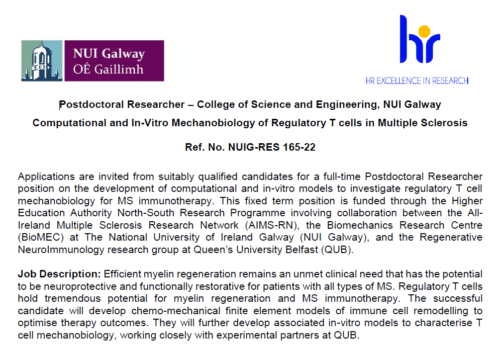 We have an open postdoc position on computational and in-vitro mechanobiology of regulatory T cells in MS! Come join our team <a href="/Bio_Eng_NUIG/">Biomedical Engineering University of Galway</a> <a href="/aims_rn/">AIMS-RN</a> <a href="/bio_mec/">BioMEC</a>. RTs welcome!

Full details in the link below:
universityvacancies.com/national-unive…