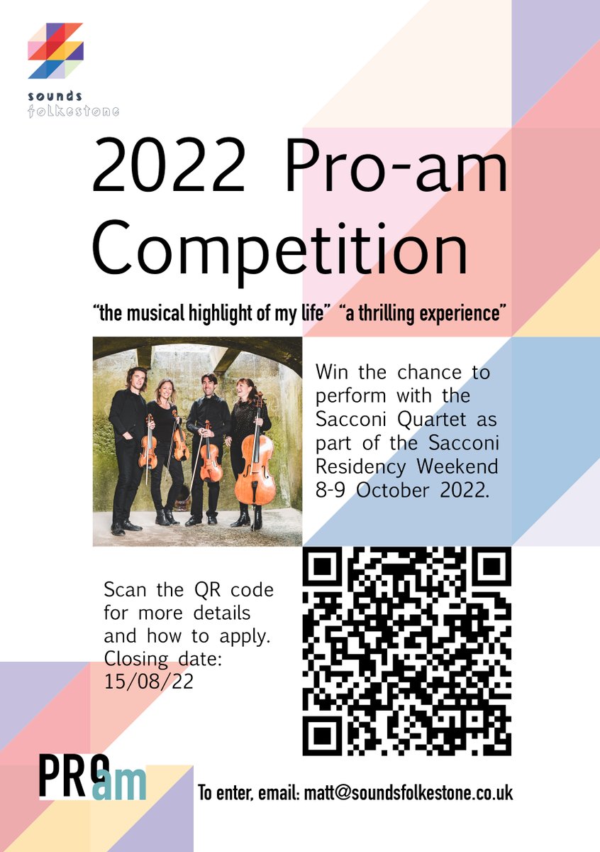 Due to the overwhelming success of 2021 event, we are now looking for talented amateur musicians to apply for the chance to perform with the @sacconiquartet in Folkestone in October - scan the QR code below for full details or visit soundsfolkestone.co.uk/directory/pro-…