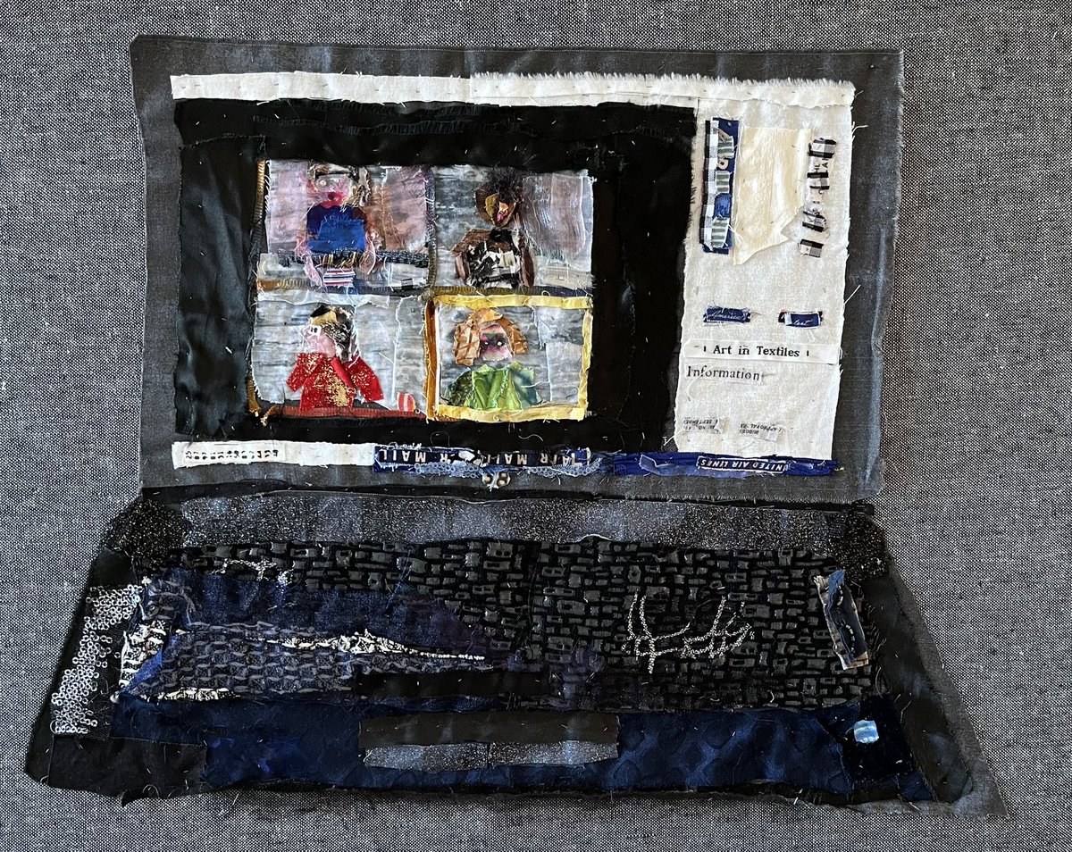 art_in_textiles's tweet photo. Good morning all and #happymonday. Today is an #admin day for me. During #lockdown for a bit of #fun I stitched a #zoom #meeting on my #laptop! #textiles #textileart #scraps #computer #communucation https://t.co/fQEpO0x9Pb