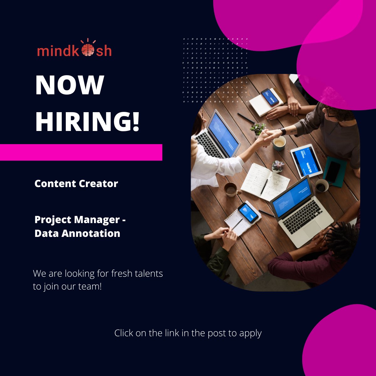 mindkosh's tweet photo. π£ We are #Hiring
Join us on our journey to redefine the world of #AI.
Join the #Mindkosh π rocket ship now!!
Content Creator: https://t.co/Q9xM34XrXZ
Project manager - #dataannotation : https://t.co/E3CV72lyP9
#Jobs #JobSearch #ContentCreator #Recruitment #ProjectManager https://t.co/2MEazmesGB