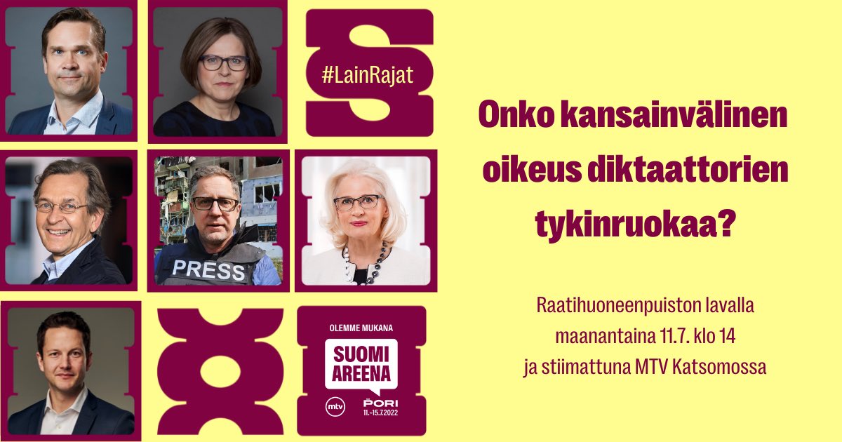 Pian mennään #SuomiAreena! Klo 14 alkaa Lakimiesliiton paneelikeskustelu #LainRajat: Onko kansainvälinen oikeus diktaattorien tykinruokaa? Raatihuoneenpuiston lavalla. Tilaisuutta voi seurata myös striimattuna: mtv.fi/sarja/suomiare… @SuomiAreena #sotarikokset #KvOikeus