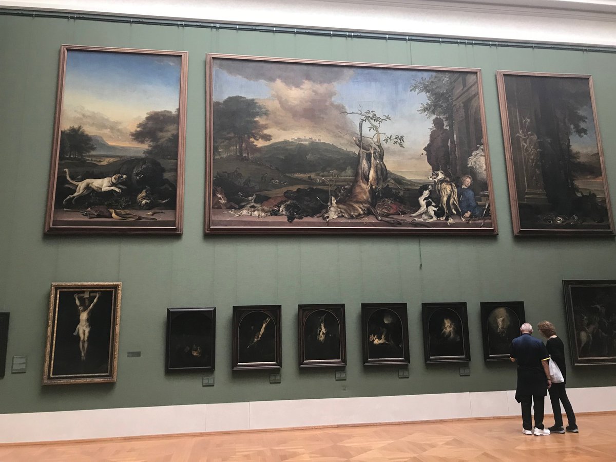 coulterk's tweet photo. My colleagues at the #altepinakothek have begun rehanging the art! In 3 rooms you can already see provocative thematic groupings. Here Rembrandt's Passion cycle hangs below Jan Weenix's hunting pieces. Wow! @Pinakotheken https://t.co/DC3HIwYrst