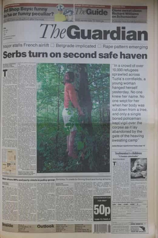 e_secer's tweet photo. Temmuz 1995te Guardian'da bu haber yayınlandı. Çok sonrasında kadının kimliği tespit edildi. 

Ferida Osmanoviç... Srebrenitsa soykırımında eşini kaybetmiş, iki çocuğuyla birlikte Srebrenitsa'dan sağ çıkabilmişti. Ama yaşanılanlara dayanamamış ve ormanda intihar etmişti. https://t.co/Uwsqb6cUZK