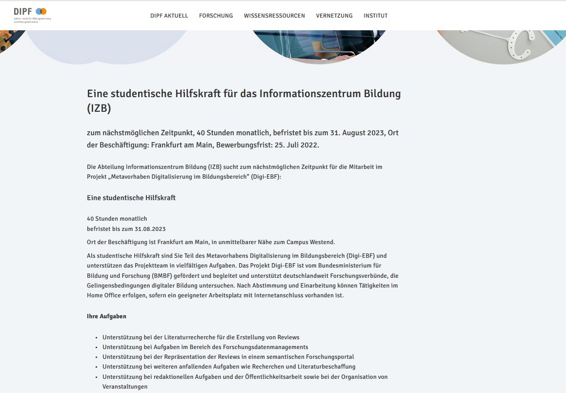 FachportalPaed's tweet photo. Die Kolleginnen von #DigiEBF am @dipf_aktuell in Frankfurt/Main suchen eine studentische Hilfskraft u.a. für Literaturrecherche zur Erstellung von Reviews und Unterstützung bei Aufgaben im Bereich des Forschungsdatenmanagements: https://t.co/9agcGzUivY https://t.co/CWkxvpRC6r