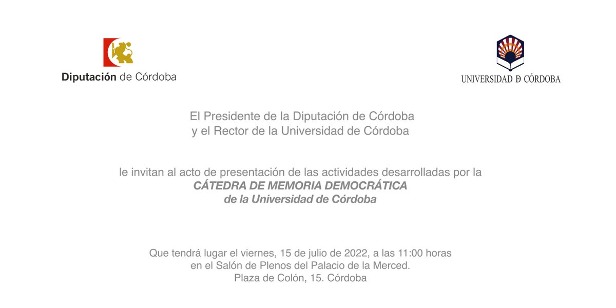 𝐏𝐫𝐞𝐬𝐞𝐧𝐭𝐚𝐜𝐢𝐨́𝐧 𝐝𝐞 𝐥𝐚𝐬 𝐚𝐜𝐭𝐢𝐯𝐢𝐝𝐚𝐝𝐞𝐬 𝐝𝐞 𝐥𝐚 𝐂𝐚́𝐭𝐞𝐝𝐫𝐚 𝐝𝐞 𝐌𝐞𝐦𝐨𝐫𝐢𝐚 𝐃𝐞𝐦𝐨𝐜𝐫𝐚́𝐭𝐢𝐜𝐚 𝐝𝐞 𝐥𝐚 𝐔𝐂𝐎 en un acto abierto al que cualquier persona interesada puede acudir
📆𝗩𝗶𝗲𝗿𝗻𝗲𝘀 𝟭𝟱 𝗱𝗲 𝗷𝘂𝗹𝗶𝗼 a las 11h
¡Os esperamos!