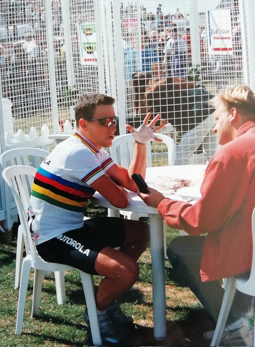 MickMikelt's tweet photo. "When it first appeared (Village Départ), actual riders used to go in the village. There’d be little groups scattered in various corners having their pre-race coffee and swapping race food with friends"
Pippa York @StelvioMag

It's true, they did. Portsmouth #TDF1994 https://t.co/aa1JVJsT10