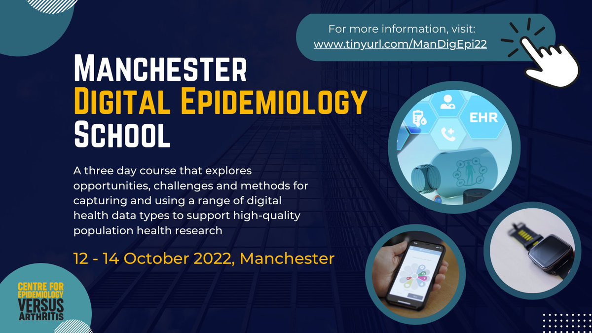 Join us to learn all about how to capture and use #digitalhealth data at the 4th Manchester Digital Epidemiology School!

📅October 12-14
📌Manchester, UK

More information and to register 👉 tinyurl.com/ManDigEpi22

#ManDigEpi22 #EpiTwitter