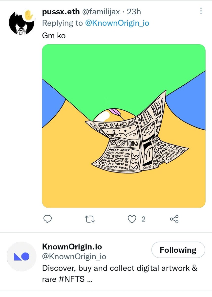 These guys always liked #pussx, love you guys <a href="/KnownOrigin_io/">KnownOrigin.io</a> (even though u r institutionalized now) - dm me so we can have a nice little chat, catch up and stuff, <a href="/twitter/">Twitter</a> susspended my previous Pussx acc 
 :( #nft #eth #NFTCommunity #NFTs