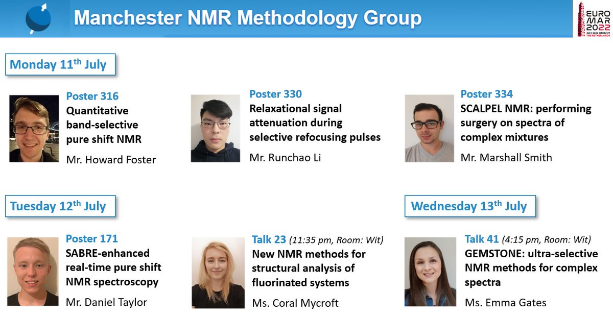 mancNMR's tweet photo. Manchester NMR methodology group at @euromar2022!
Looking forward to sharing our latest research developments with the amazing NMR community!!
#NMR #GEMSTONE #ROESY #PureShift #Fluorine #FESTA #SABRE #SCALPEL #Hyperpolarization https://t.co/KcCNoTVkRQ
