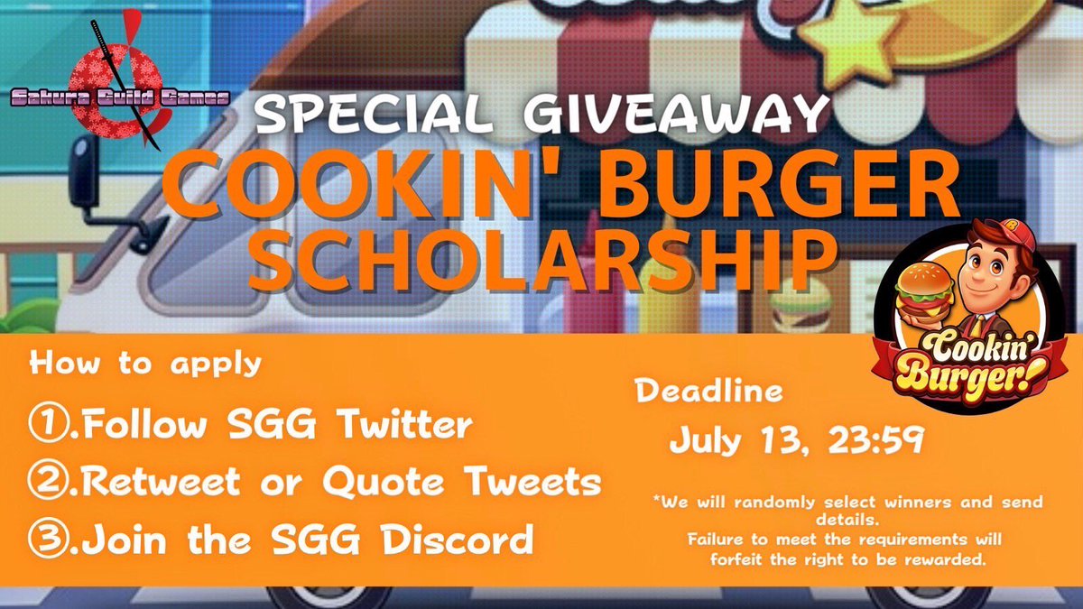 #CookinBurger🍔
#giveaway starts right now🎉

To be entered to win you must

1⃣Follow <a href="/sakuraguild_sg/">SAKURA GUILD GAMES【official】</a>
2⃣Retweet this post
3⃣Join our Discord discord.com/invite/MknqCnC…

🏆Winners will be rewarded #NFTscholarship

⏰7/13 23:59

#sgg