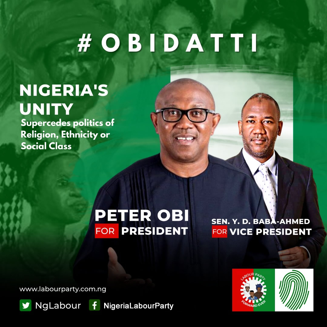 Nigeria's Unity Supersedes politics of Religion, Ethnicity or Social Class.
@PeterObi
@YDBaba_Ahmed
#LetsGetNigeriaWorkingAgain
#PeterDatti2023