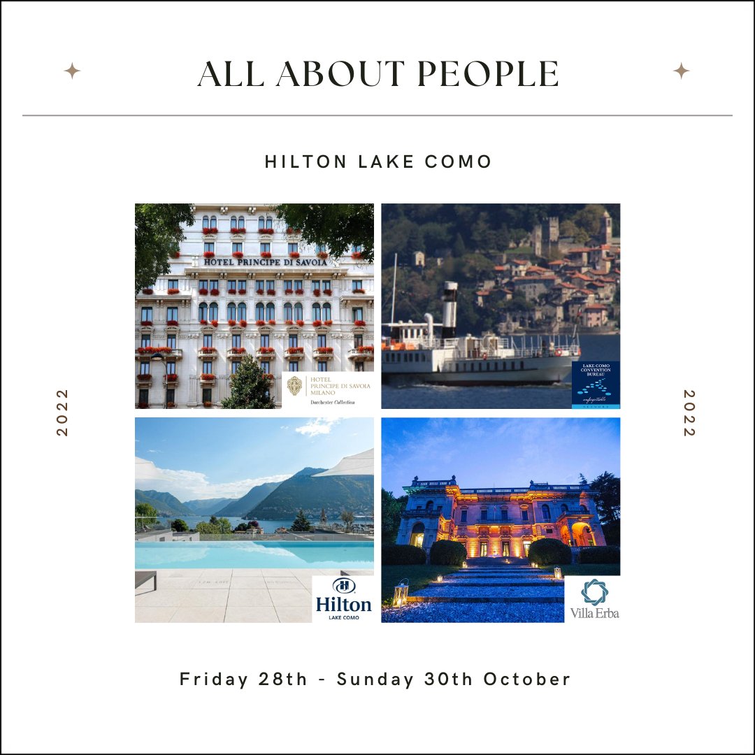The programme for the All About People at the beautiful Hilton Lake Como from the 28th to the 30th of October 2022 is finalised.

Happy to work with our great partners for this event: <a href="/LCE_network/">Lake Como Convention Bureau</a> <a href="/villaerba/">Villa Erba</a> <a href="/principesavoia/">Principe di Savoia</a> and <a href="/hilton/">Hilton</a> Lake Como.

Invites will go out soon!