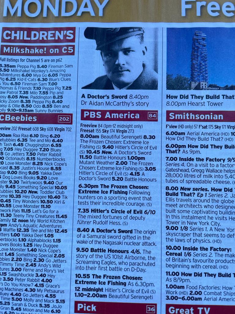 the broadcast of the IFTA nominated 'A Doctor's Sword' tonight on PBS UK is at 8:40pm, it's a freeview channel in the UK so if you know anyone who might be interested in Aidan MacCarthy's story please let them know! <a href="/NetworkIrlTv/">Network Ireland TV</a> <a href="/PBS/">PBS</a> @RAF <a href="/RAFHonington/">RAF Honington</a> #Castletownbere <a href="/UCCMedSoc/">UCC Medical Society</a>