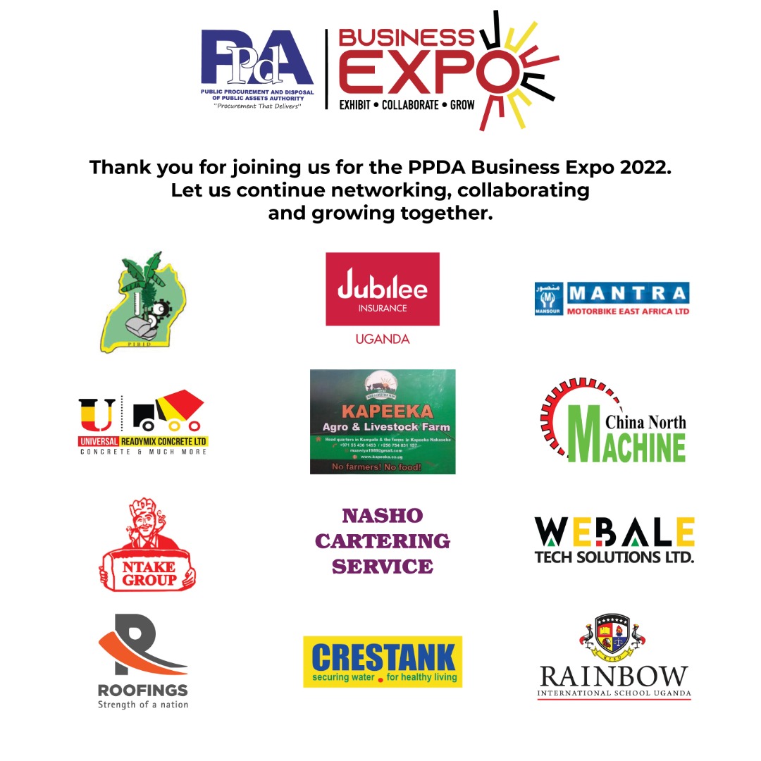 PPDAUganda's tweet photo. Here is to thank all stakeholders that contributed to the success of the #PPDABusinessExpo2022.
To all our sponsors, exhibitors, and participants, Thank you🤝.
#PromotingLocalContent
#ProcurementThatDelivers https://t.co/3q9yxuPURc