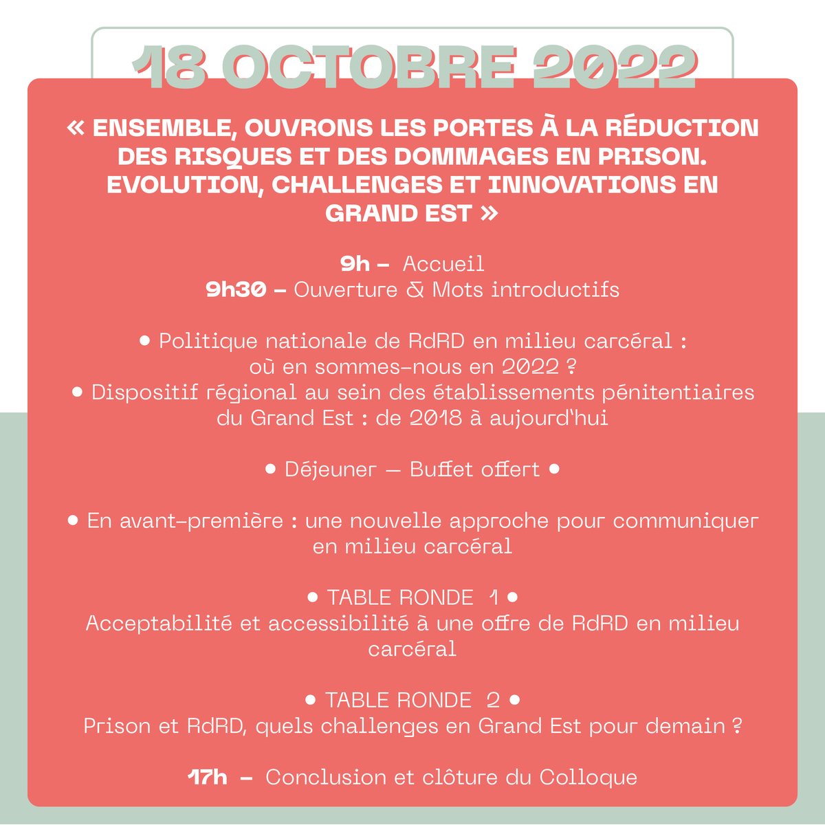 CorevihGe's tweet image. Ensemble, ouvrons les portes à la réduction des risques et des dommages en prison. Evolution, challenges et innovations en Grand Est" 
✅ Les inscriptions pour le colloque régional, organisé par le COREVIH Grand Est, sont ouvertes ! 
📆 Deux temps forts les 17 et 18 octobre 2022