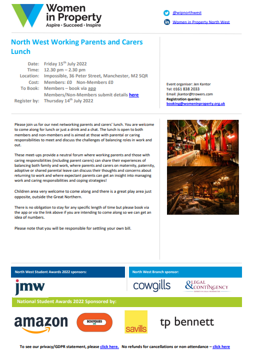 wipnorthwest's tweet photo. 🔷Our NW Working Parents &amp; Carers Lunch is this Fri, 15th July at 12.30pm at @IMPOSSIBLE_Mcr &amp; is open to #members, #nonmembers &amp; children are welcome. Join us for lunch or just a drink &amp; a chat☕🔷
Book via the Women in Property App or the website https://t.co/Rqh5psCYVH