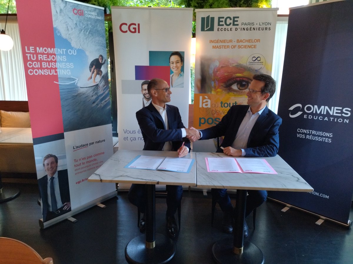 #News du jour ! 

Signature d'un partenariat entre CGI x @IngenieursECE

Objectif 👉 accompagner et former les étudiants aux métiers du numérique en leur apportant des connaissances scientifiques, techniques et méthodologiques.

#CGIrecrute #Partenariat #Expertise