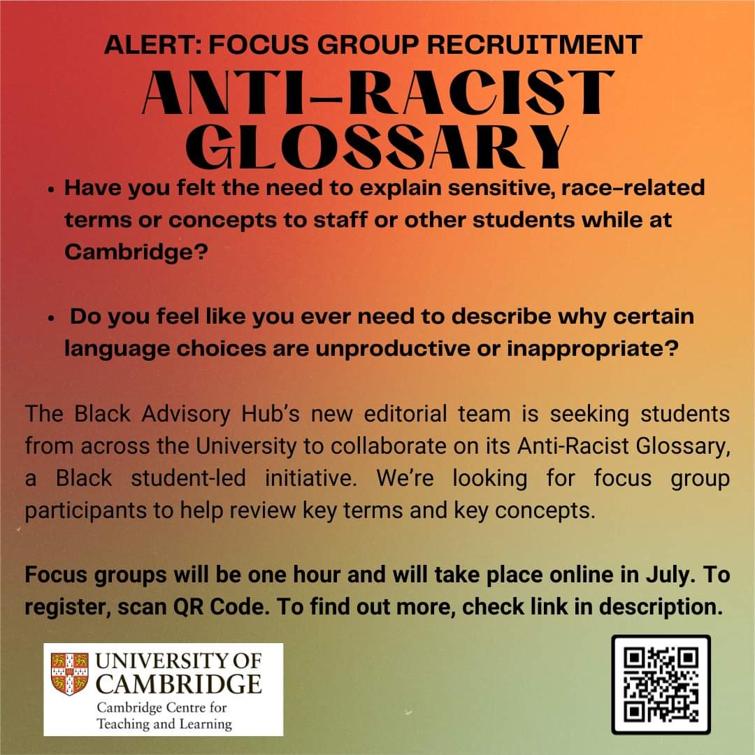 Stuti Pachisia (@steewtweets) on Twitter photo Folx at <a href="/Cambridge_Uni/">Cambridge University</a> !! We are trying to recruit participants to consult on our anti-racist glossary. If you are a staff/student concerned about anti-blackness+racism in classrooms, please sign up!! Register: forms.gle/qzivQZEDqJ8yzC…
<a href="/englishunicam/">Faculty of English</a> <a href="/CambridgeGender/">CambridgeGender @ bsky.social</a> <a href="/CamEdFac/">Faculty of Education, University of Cambridge</a> Folx at <a href="/Cambridge_Uni/">Cambridge University</a> !! We are trying to recruit participants to consult on our anti-racist glossary. If you are a staff/student concerned about anti-blackness+racism in classrooms, please sign up!! Register: forms.gle/qzivQZEDqJ8yzC…
<a href="/englishunicam/">Faculty of English</a> <a href="/CambridgeGender/">CambridgeGender @ bsky.social</a> <a href="/CamEdFac/">Faculty of Education, University of Cambridge</a>