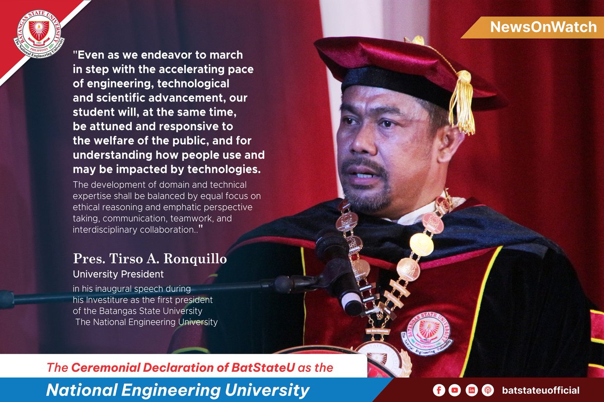 BatStateUTheNEU's tweet photo. News on Watch | via Vox Cambiari • Student Broadcasters of Development Communication • FOCUS BatStateU Camera Club 

#NOWonVOX: Dr. Tirso A. Ronquillo delivers his inaugural address as the First President of Batangas State University – The National Engineering University, — https://t.co/i9nHlVXbQZ