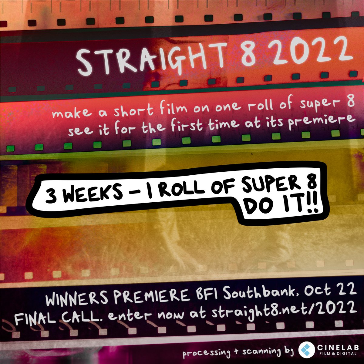 straight8's tweet photo. IT’S NOT TOO LATE TO ENTER! 

>> final deadline is aug 1 <<

compete to be part of straight 8 2022’s TOP 25 which will premiere at @BFI Southbank’s 450 seat flagship auditorium in london, on saturday 22 october 🎥

more info here: https://t.co/p84W6f5f6d https://t.co/Ywpppxi428