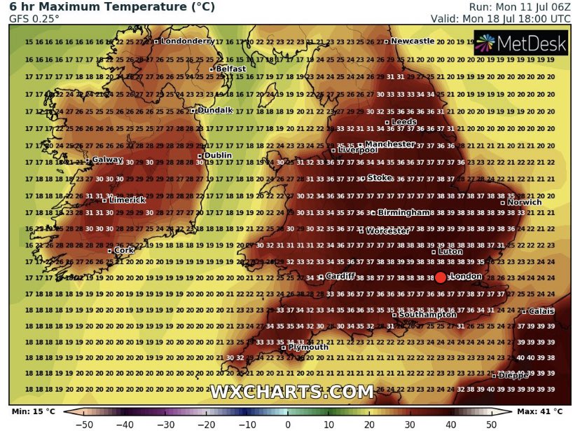 Latest GFS is mind blowing at just 7 days range. It brings the risk of 38C to inland Dorset. That would absolutely smash the current record and challenge the U.K. record (which would be broken by some distance in the east).