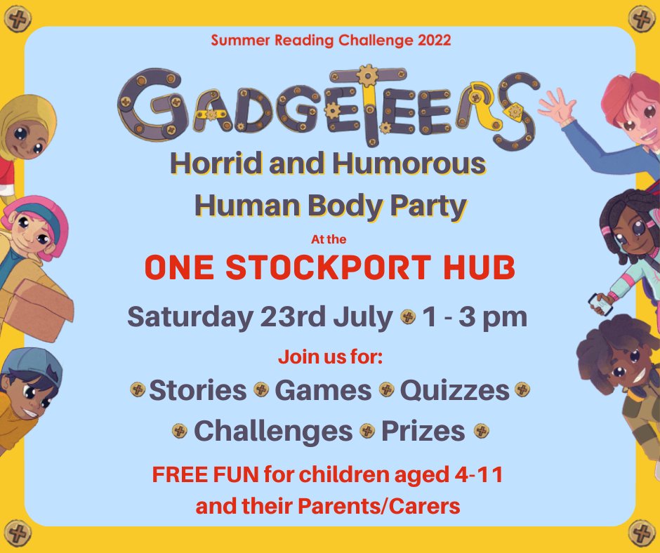 Ready to get involved in some of our fabulous Summer Events? Head down to One Stockport Hub on Saturday 23rd July at 1pm for their Horrid and Humorous Human Body Party (what a tongue twister!) Don't miss out on the stories, games, challenges and, of course, prizes 😃