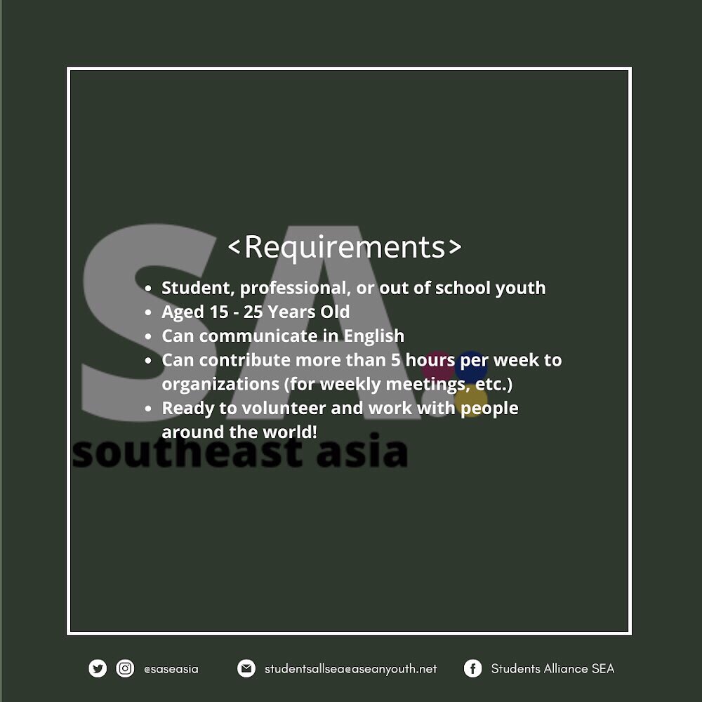 saseasia's tweet photo. We are looking for organizational officers for our organization to strengthen SASEA and deliver its mission for the youths and students in Southeast Asia and the World!
Apply here➡️ https://t.co/rtaguoOrKd
#sasea #volunteer https://t.co/C4yC0I9btC