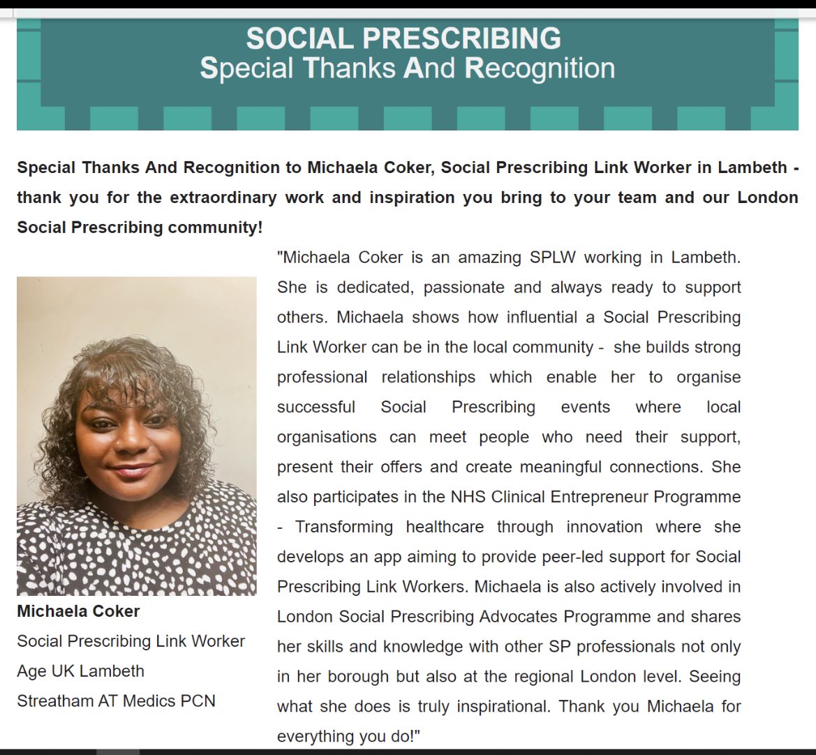 What a nice way to start the week 🙂 I have been nominated for special thanks and recognition in the London Social Prescribing Newsletter! @SP_LDN @AgeUKLambeth @ATMedics @NHS_CEP #SocialPrescribing #NHSCEP  mailchi.mp/1520528ecb50/h…