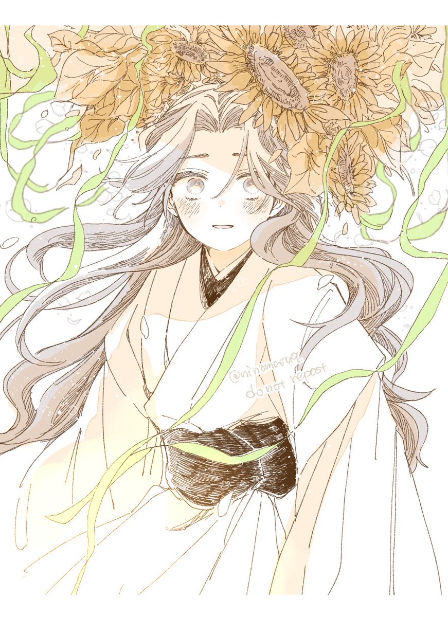 flower long hair solo sunflower 1boy blush male focus  illustration images